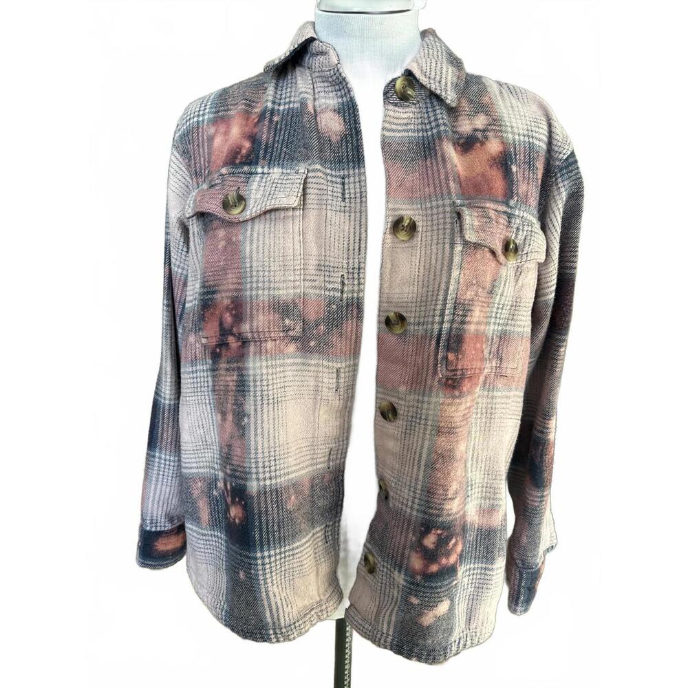 Upcycled Plaid Button-Up Bleached Flannel Shirt Jacket Size Small